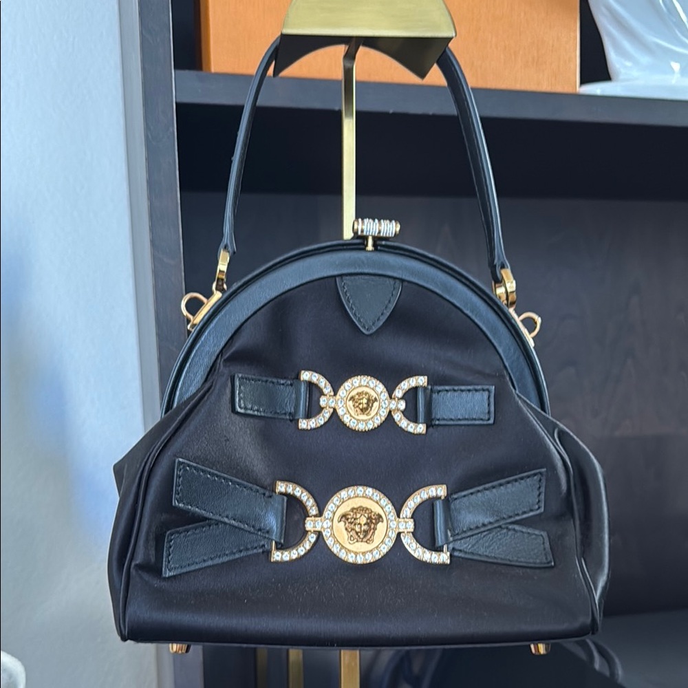 Versace Black and Gold Shoulder Bag with Dome Shape